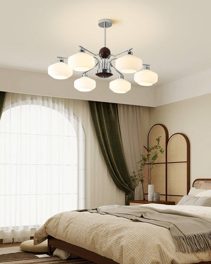 Béatrice Retro Chandelier, Glass Shades with Wood and Metal Frame
