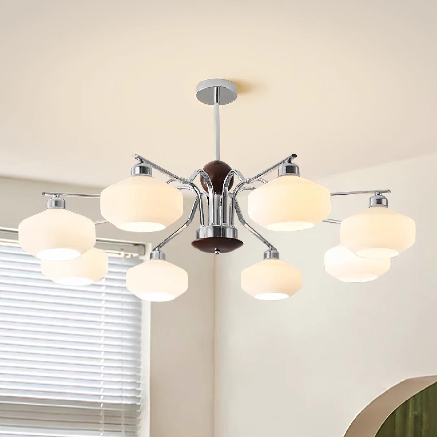 Béatrice Retro Chandelier, Glass Shades with Wood and Metal Frame