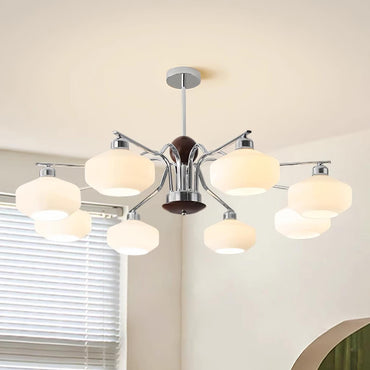Béatrice Retro Chandelier, Glass Shades with Wood and Metal Frame