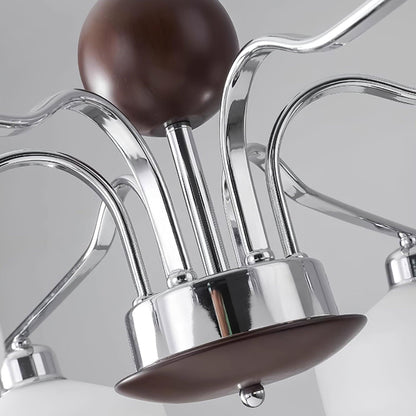 Béatrice Retro Chandelier, Glass Shades with Wood and Metal Frame