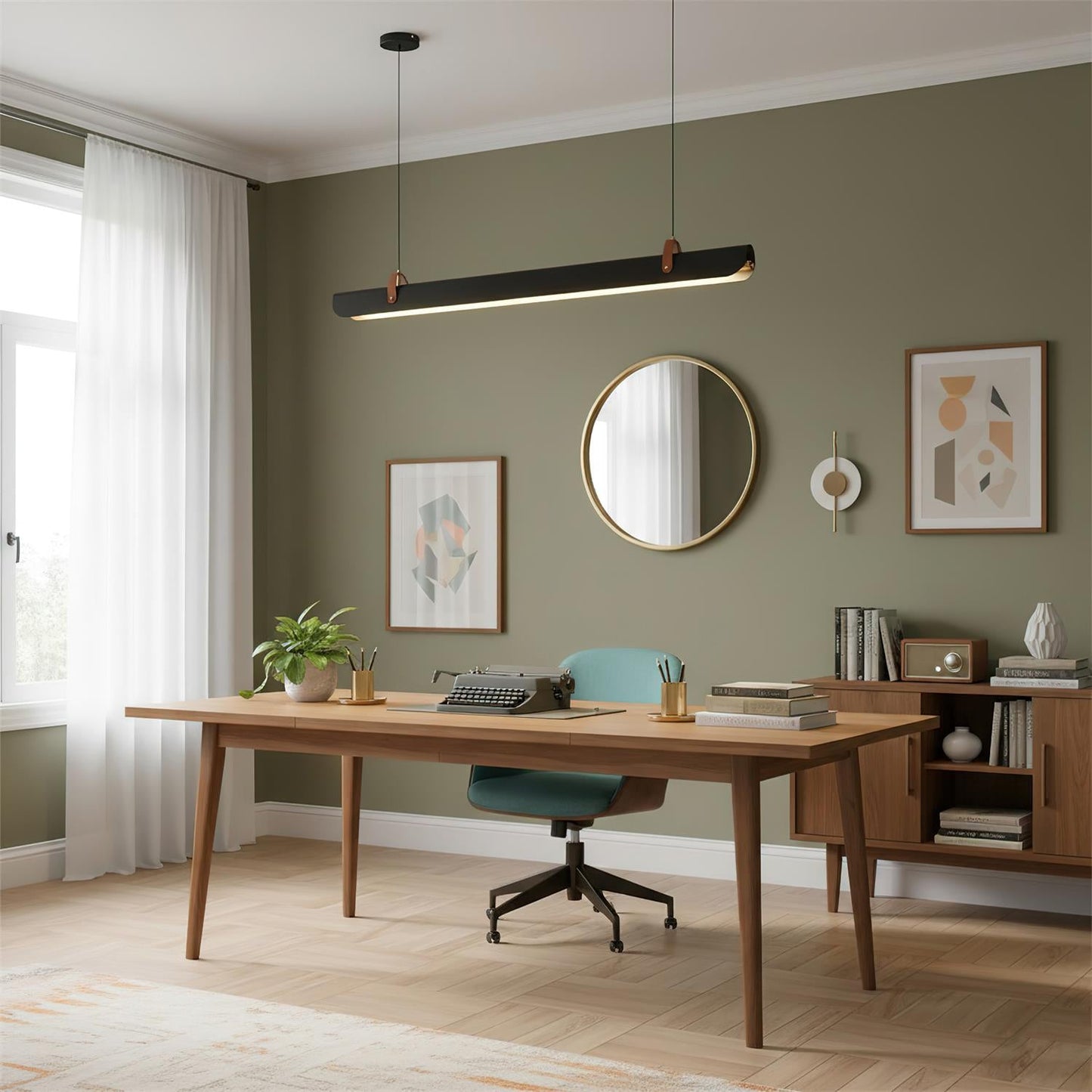 Étienne Linear Chandelier, Leather Strap LED with Metal Frame