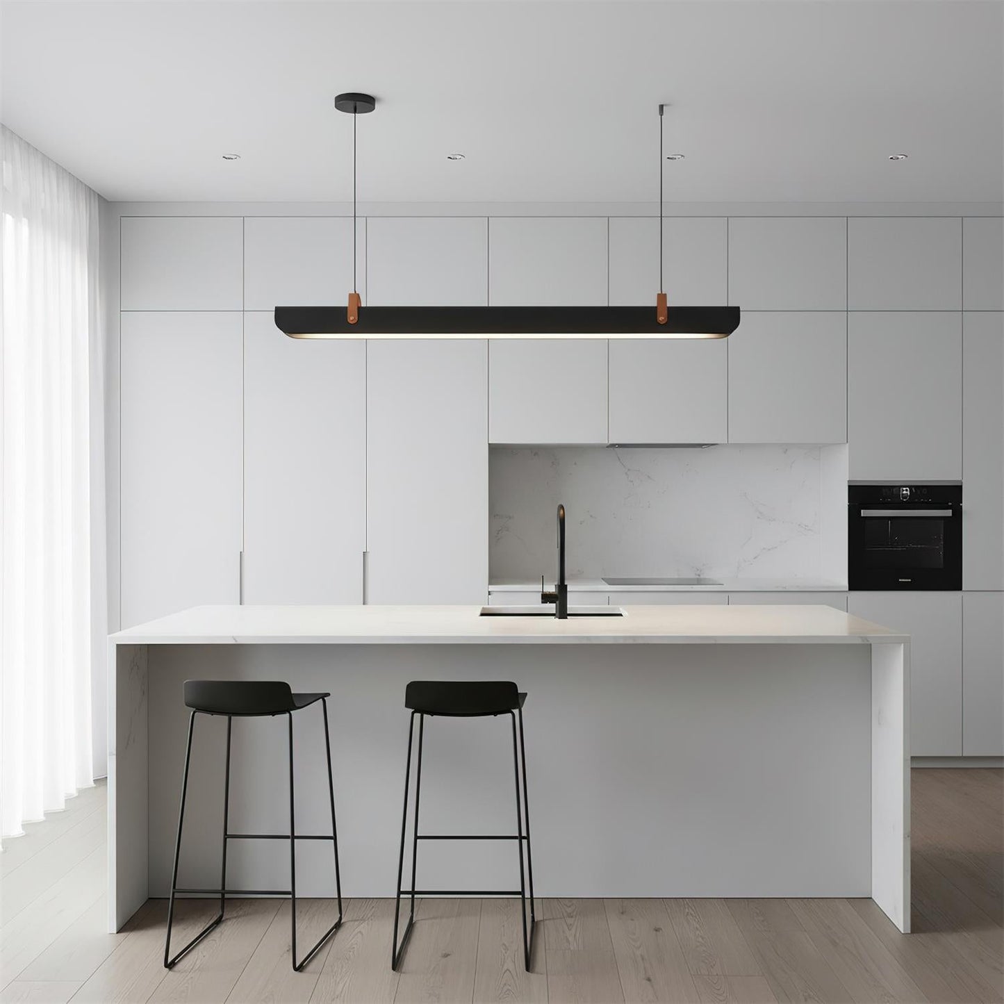 Étienne Linear Chandelier, Leather Strap LED with Metal Frame