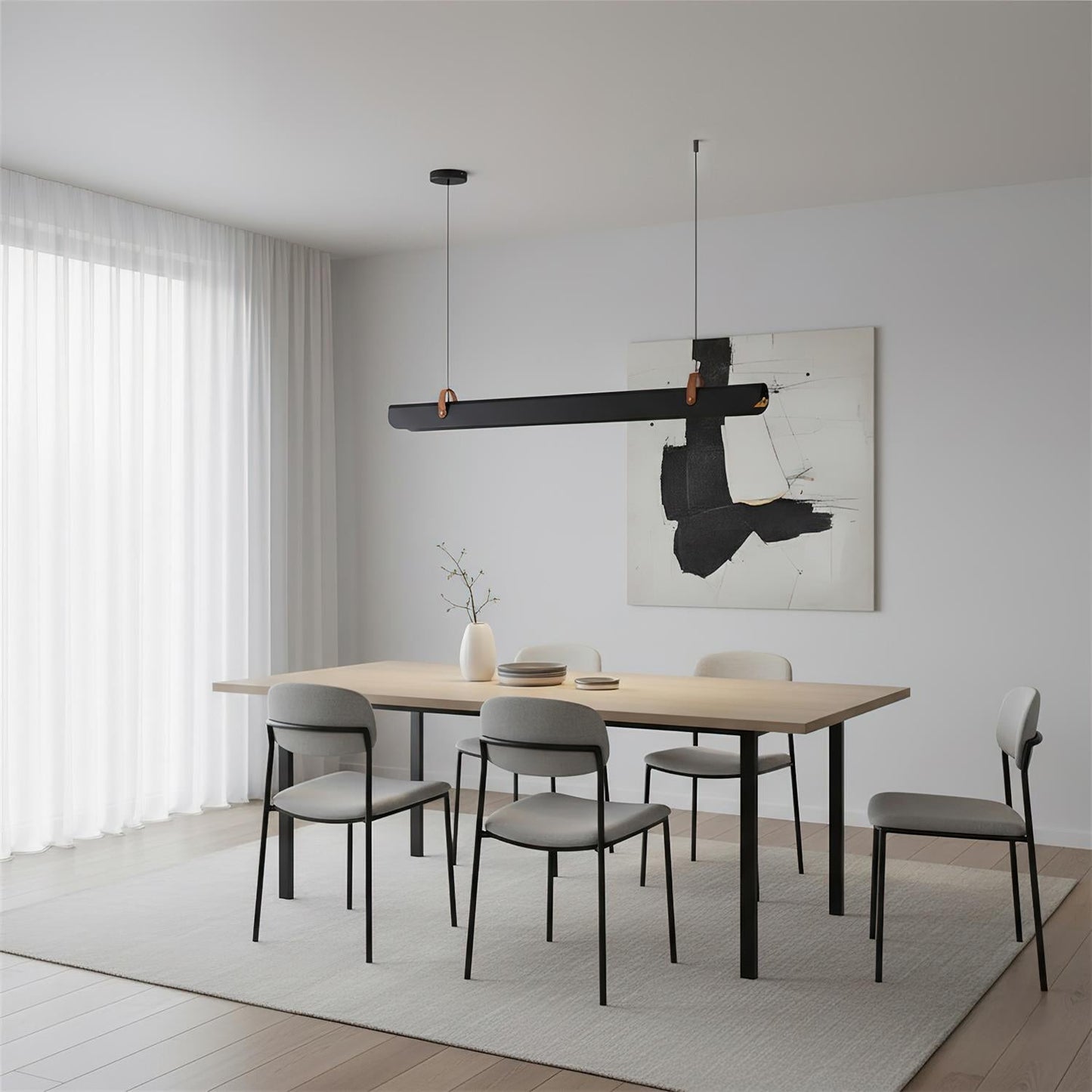 Étienne Linear Chandelier, Leather Strap LED with Metal Frame
