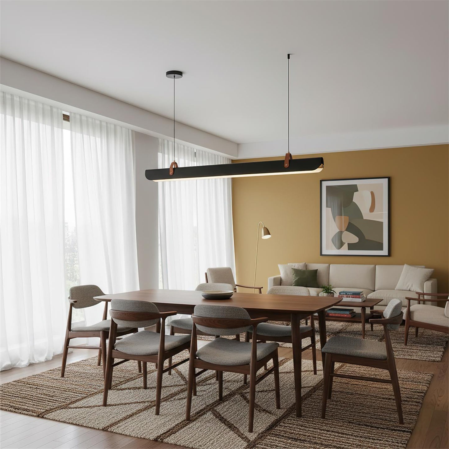 Étienne Linear Chandelier, Leather Strap LED with Metal Frame