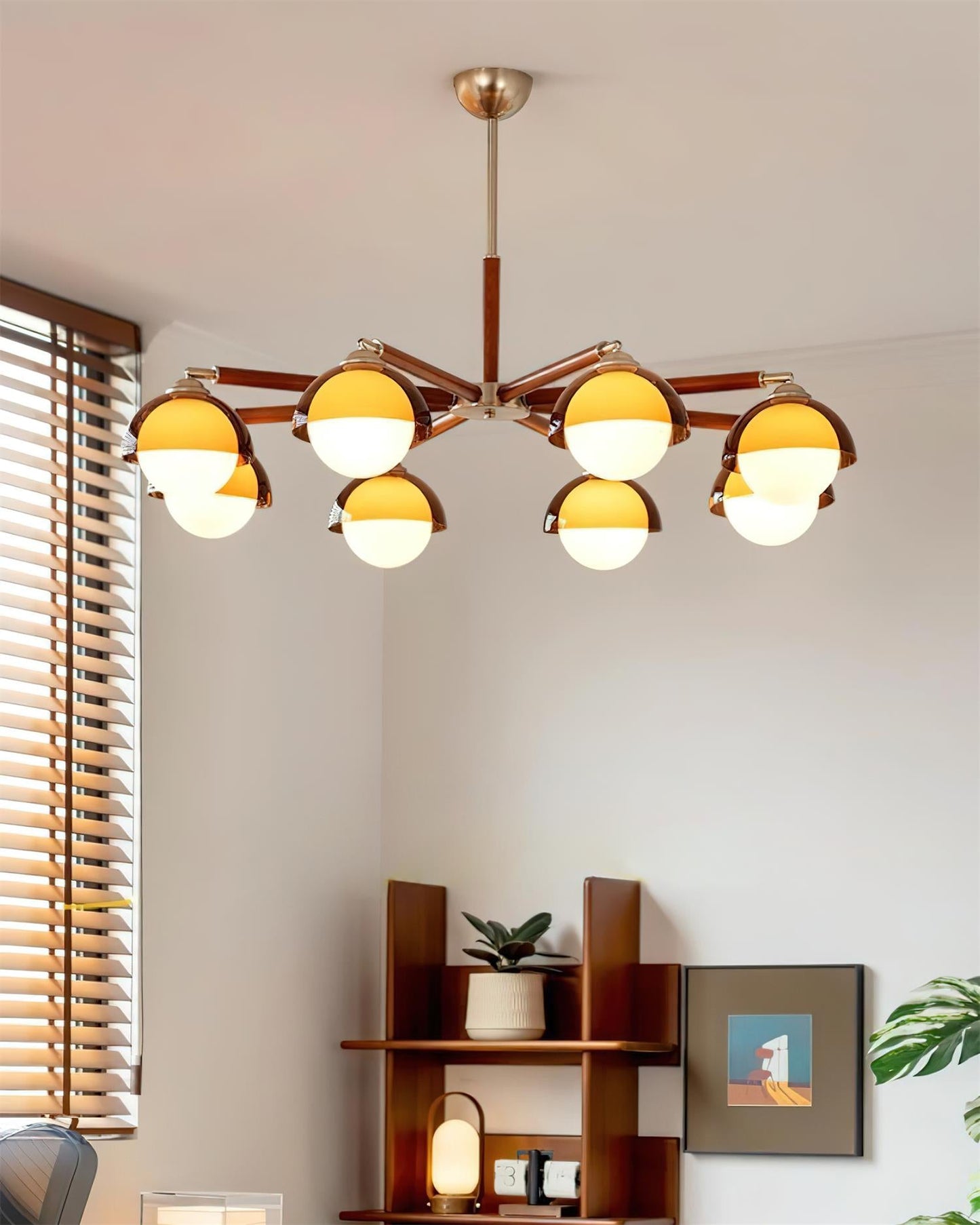Élise Chandelier, Acrylic Globe Shades with Wood Accents