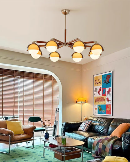 Élise Chandelier, Acrylic Globe Shades with Wood Accents
