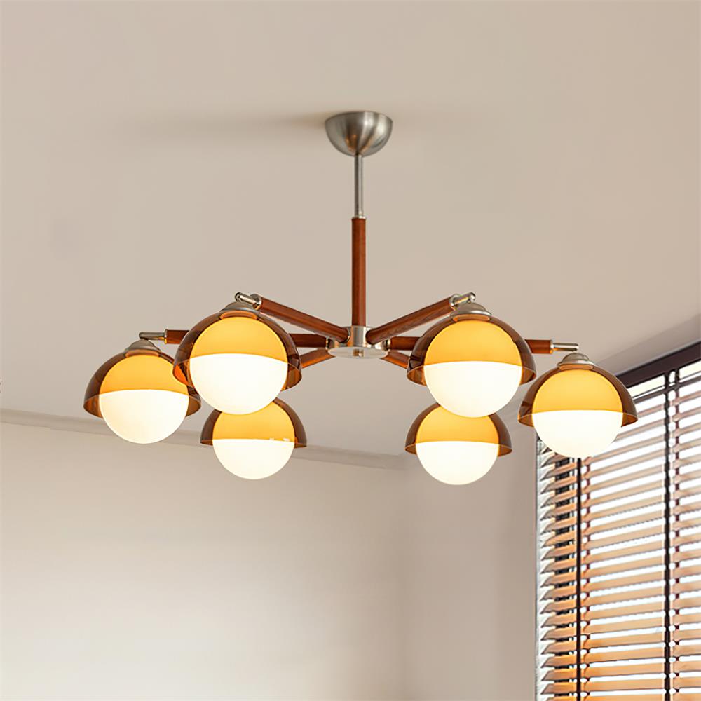 Élise Chandelier, Acrylic Globe Shades with Wood Accents