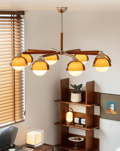 Élise Chandelier, Acrylic Globe Shades with Wood Accents
