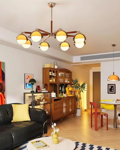Élise Chandelier, Acrylic Globe Shades with Wood Accents