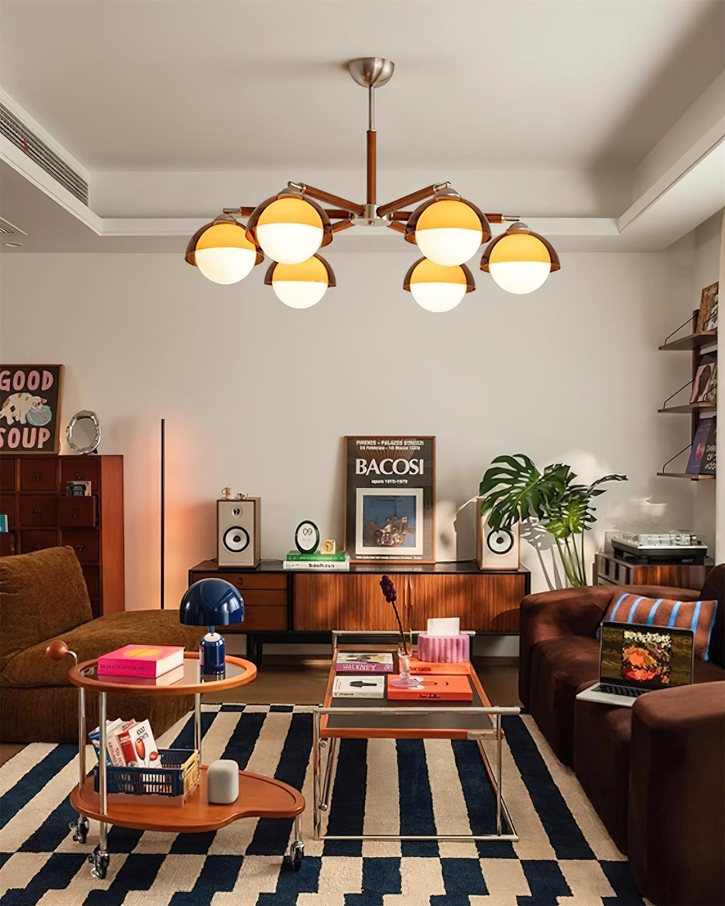 Élise Chandelier, Acrylic Globe Shades with Wood Accents