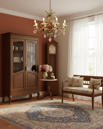 Adeline Crystal Chandelier, Floral Glass Accents with Antique Finish