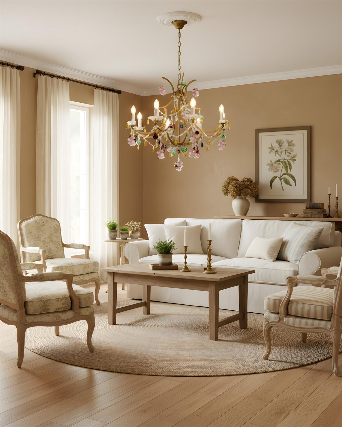 Adeline Crystal Chandelier, Floral Glass Accents with Antique Finish