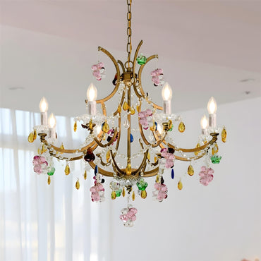 Adeline Crystal Chandelier, Floral Glass Accents with Antique Finish