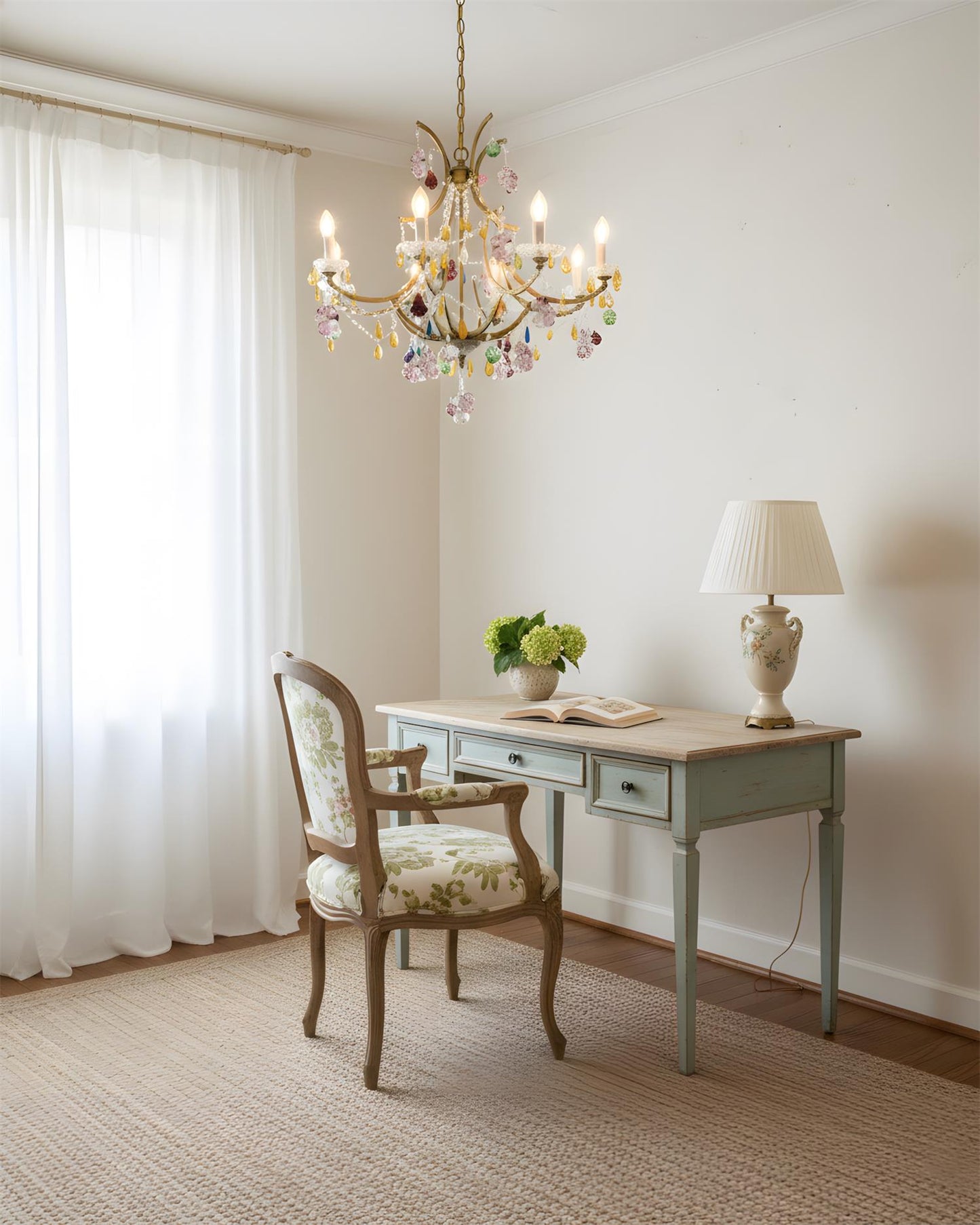 Adeline Crystal Chandelier, Floral Glass Accents with Antique Finish
