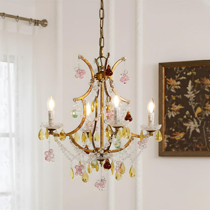 Adeline Crystal Chandelier, Floral Glass Accents with Antique Finish