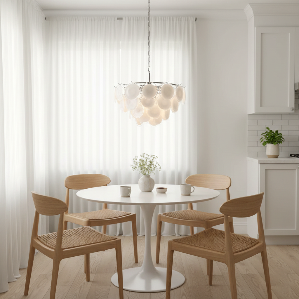 Delphine Glass Disc Chandelier, White Layered Shades with Metal Frame