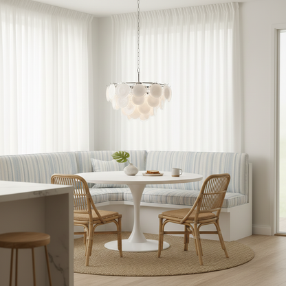 Delphine Glass Disc Chandelier, White Layered Shades with Metal Frame