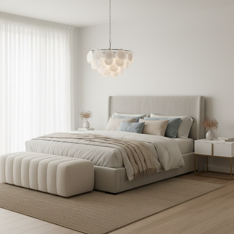 Delphine Glass Disc Chandelier, White Layered Shades with Metal Frame