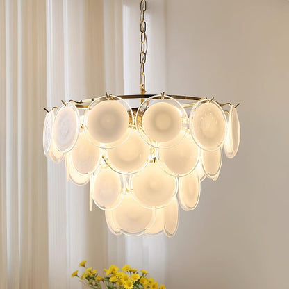 Delphine Glass Disc Chandelier, White Layered Shades with Metal Frame