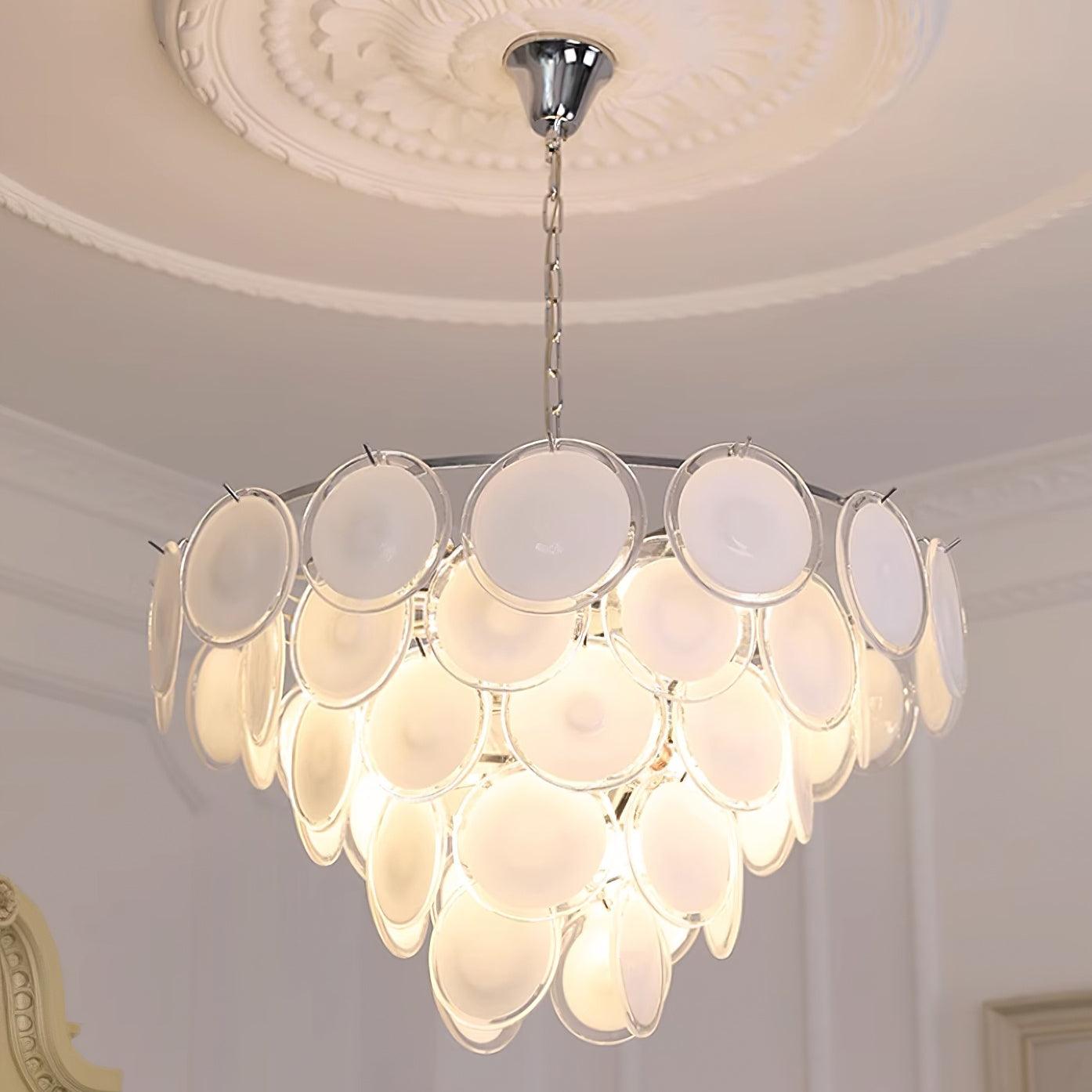 Delphine Glass Disc Chandelier, White Layered Shades with Metal Frame