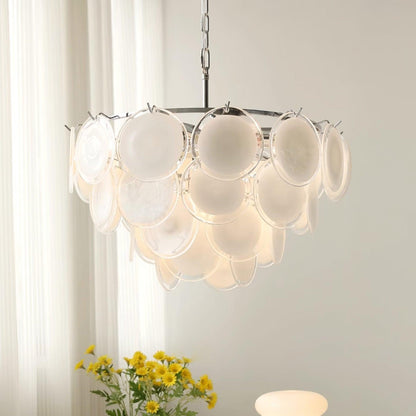 Delphine Glass Disc Chandelier, White Layered Shades with Metal Frame