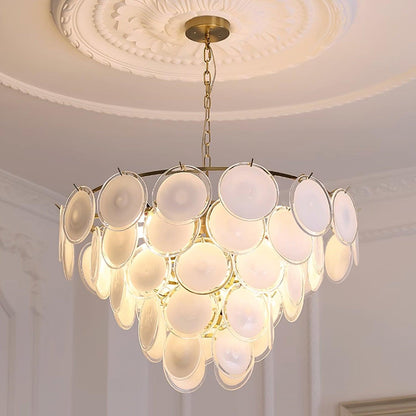 Delphine Glass Disc Chandelier, White Layered Shades with Metal Frame