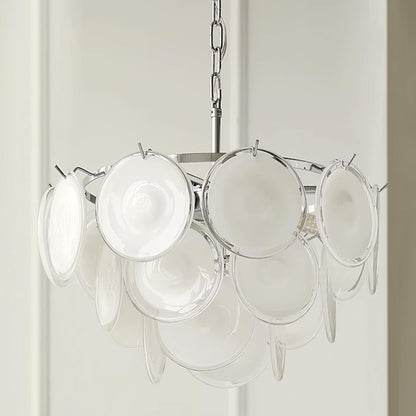 Delphine Glass Disc Chandelier, White Layered Shades with Metal Frame