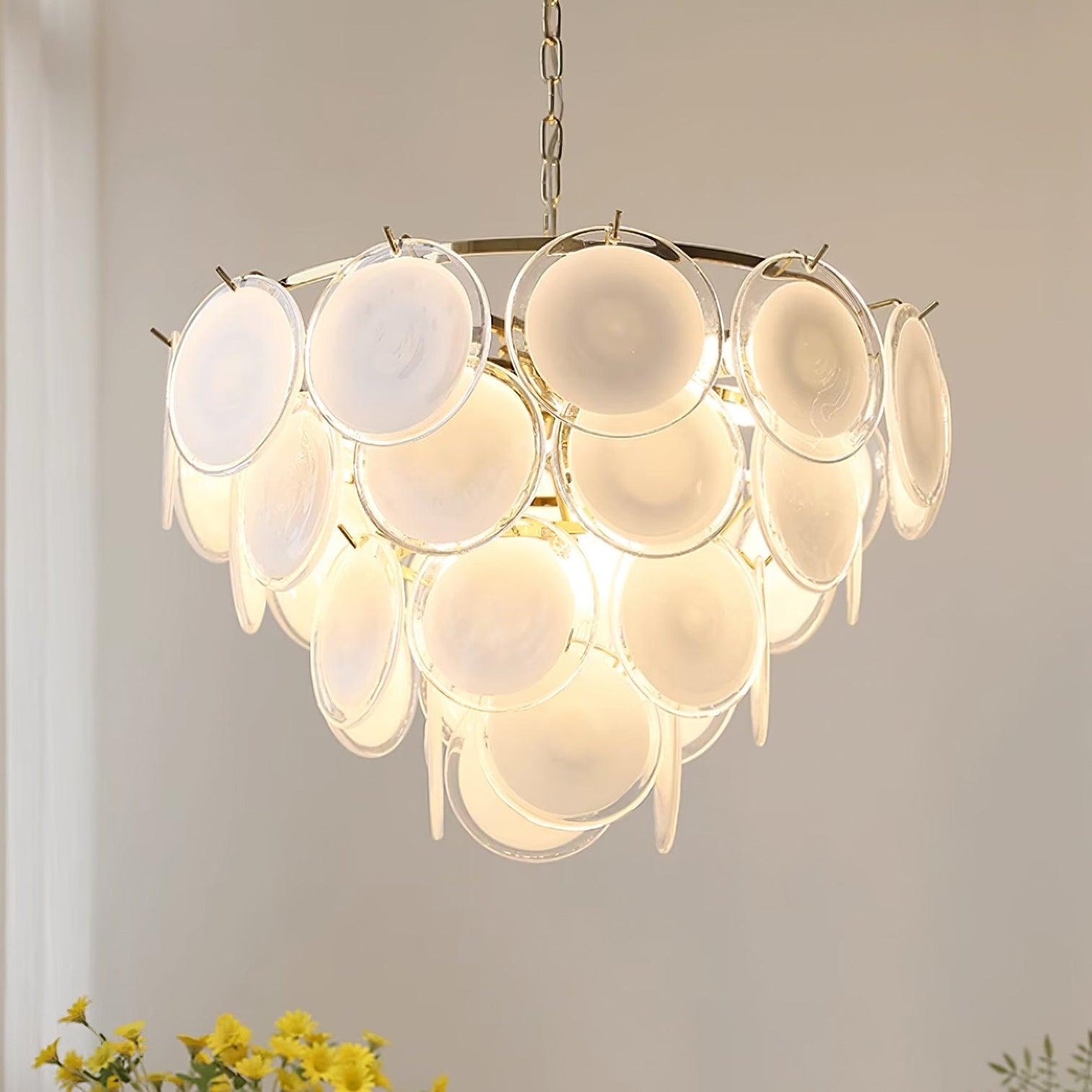 Delphine Glass Disc Chandelier, White Layered Shades with Metal Frame