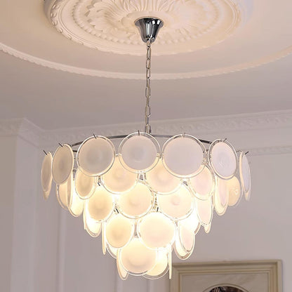 Delphine Glass Disc Chandelier, White Layered Shades with Metal Frame