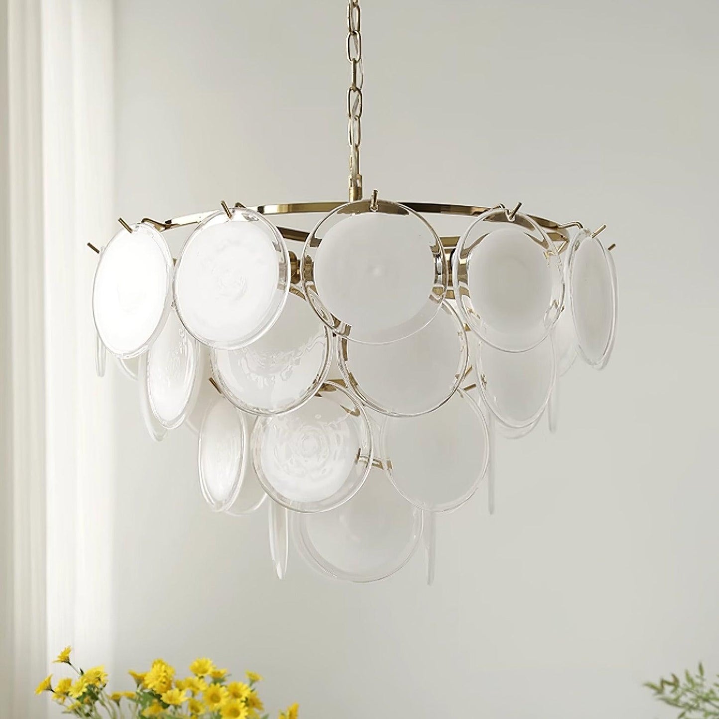 Delphine Glass Disc Chandelier, White Layered Shades with Metal Frame