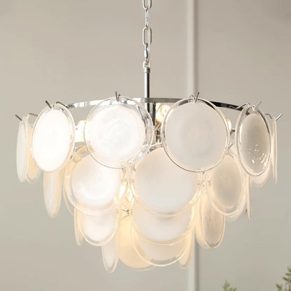 Delphine Glass Disc Chandelier, White Layered Shades with Metal Frame