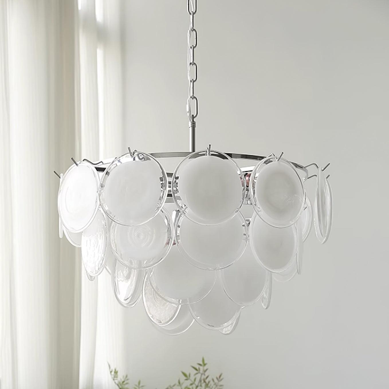 Delphine Glass Disc Chandelier, White Layered Shades with Metal Frame