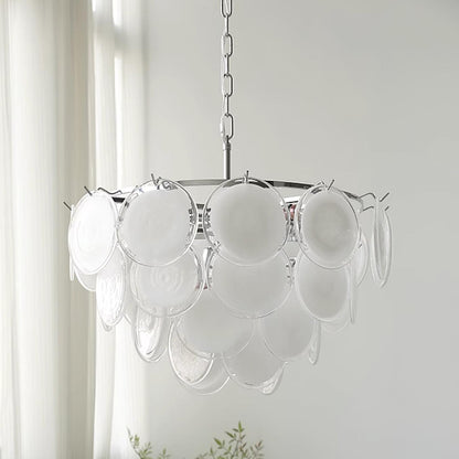 Delphine Glass Disc Chandelier, White Layered Shades with Metal Frame