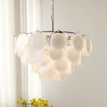 Delphine Glass Disc Chandelier, White Layered Shades with Metal Frame