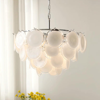 Delphine Glass Disc Chandelier, White Layered Shades with Metal Frame
