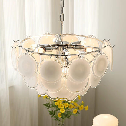 Delphine Glass Disc Chandelier, White Layered Shades with Metal Frame