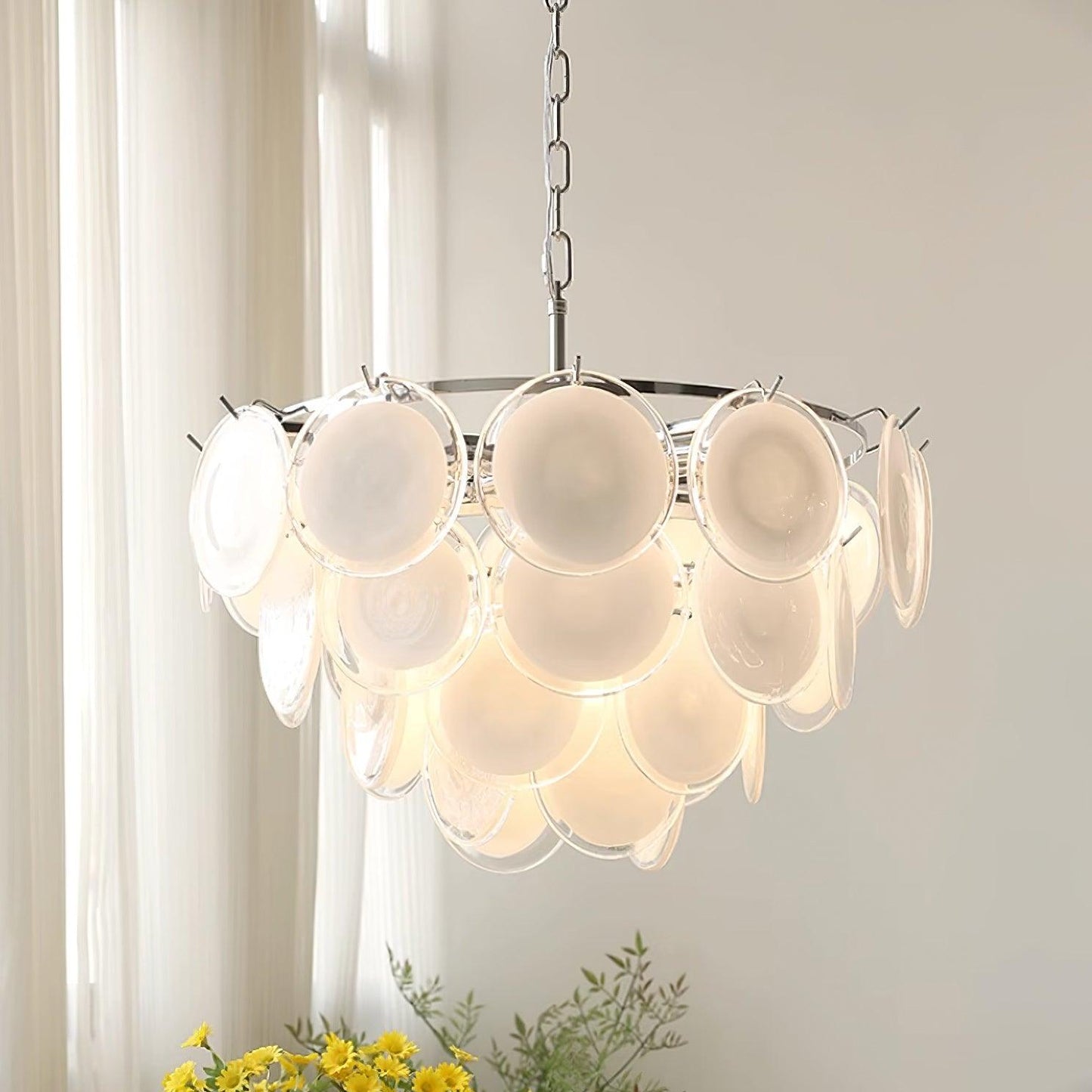 Delphine Glass Disc Chandelier, White Layered Shades with Metal Frame