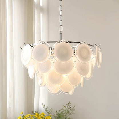 Delphine Glass Disc Chandelier, White Layered Shades with Metal Frame
