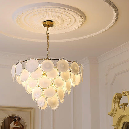 Delphine Glass Disc Chandelier, White Layered Shades with Metal Frame