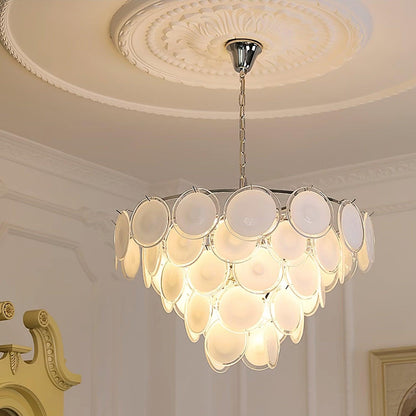 Delphine Glass Disc Chandelier, White Layered Shades with Metal Frame