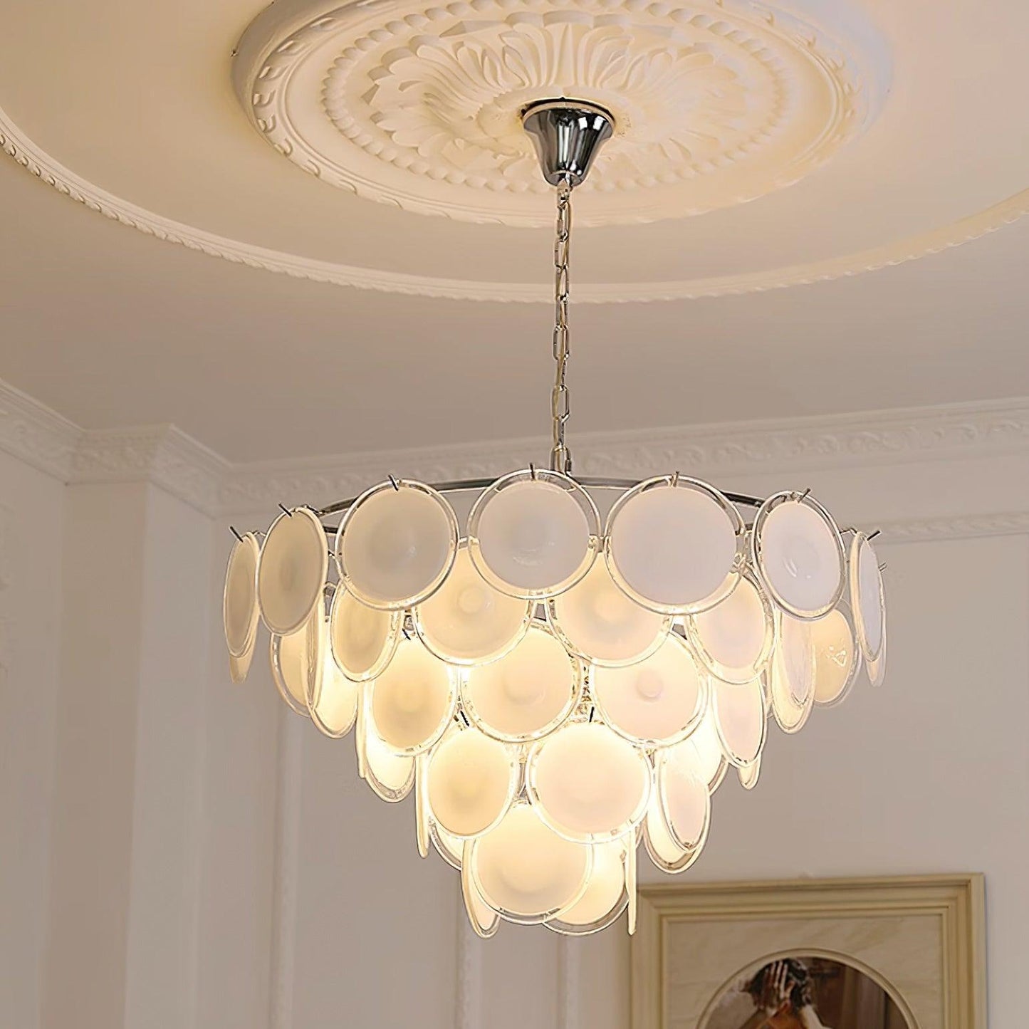 Delphine Glass Disc Chandelier, White Layered Shades with Metal Frame
