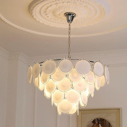 Delphine Glass Disc Chandelier, White Layered Shades with Metal Frame
