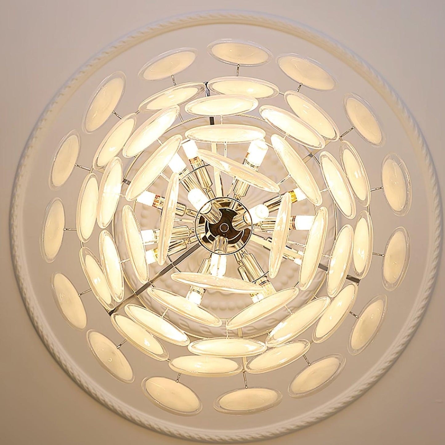 Delphine Glass Disc Chandelier, White Layered Shades with Metal Frame
