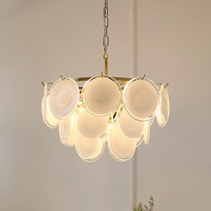 Delphine Glass Disc Chandelier, White Layered Shades with Metal Frame