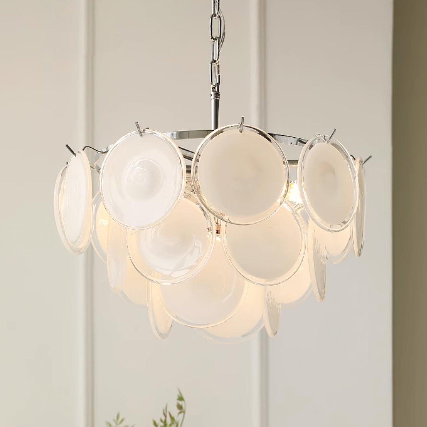 Delphine Glass Disc Chandelier, White Layered Shades with Metal Frame