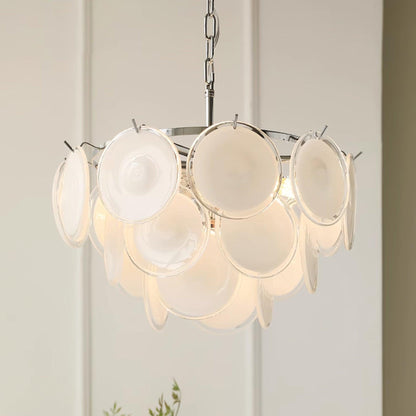 Delphine Glass Disc Chandelier, White Layered Shades with Metal Frame