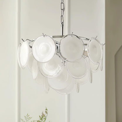 Delphine Glass Disc Chandelier, White Layered Shades with Metal Frame