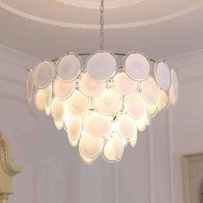 Delphine Glass Disc Chandelier, White Layered Shades with Metal Frame
