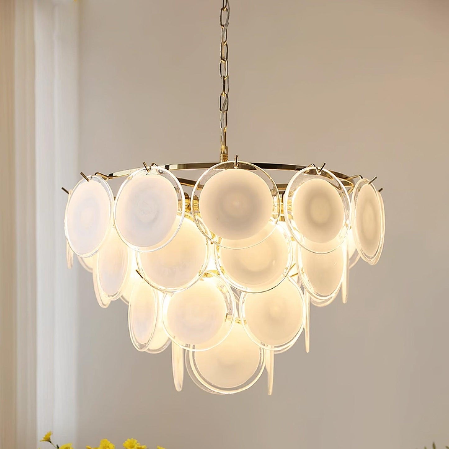 Delphine Glass Disc Chandelier, White Layered Shades with Metal Frame