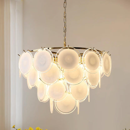 Delphine Glass Disc Chandelier, White Layered Shades with Metal Frame